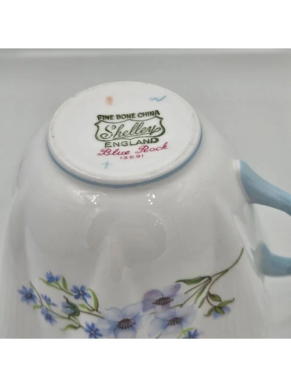 Shelley Blue Rock Dainty Set of 2 Flat Cup and Saucer Set Blue Trim Bone China - Picture 8 of 13